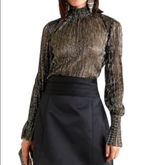 L’Agence Gold Metallic Sheer Top Smocked Neck Blouse - Picture 2 of 9